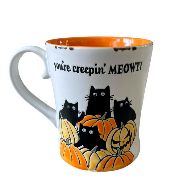Spectrum Designz Black Cats Pumpkins YOU'RE CREEPING MEOWT! Halloween Mug NEW - Picture 1 of 13